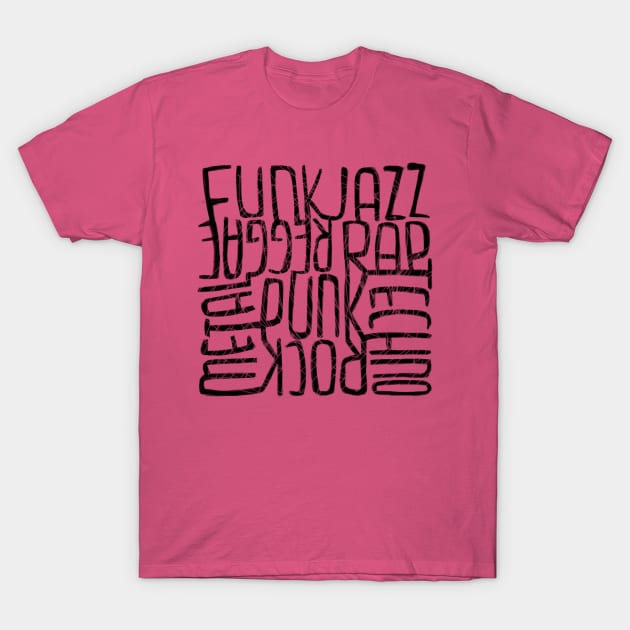 Music lover, music genres, pink, handwritten T-Shirt by badlydrawnbabe